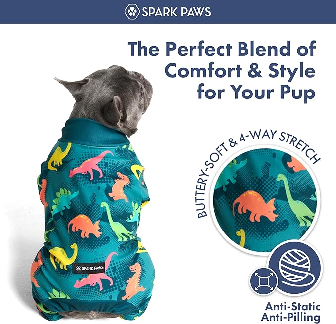 Spark Paws Dog Pajama, Dog Recovery Suit Male, Onesie, Ultra-Soft and 4-Way Stretch, for Small Medium and Large Breeds - Dinosaurs - 3XL