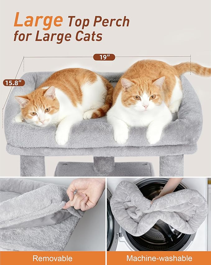 KinoTail Cat Tree for Large Cat, 19 * 15.8in Large Perch Bed for Adult Cats, 23.6in Cat Tower with Scrathing Post, Cat Condo with 2-Door for Indoor Cats, Light Gray