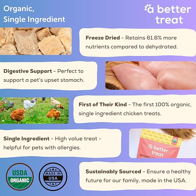 A Better Treat – Organic Freeze Dried Chicken Breast Dog Treats, Organic, Single Ingredient | Natural Healthy High Value | Gluten Free, Grain Free, High Protein, Diabetic Friendly | Made in The USA