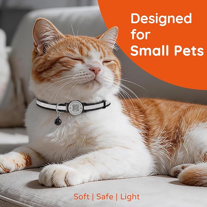 Breakaway Cat Collar QR Code, Reflective Bell, Adjustable Kitten, Black