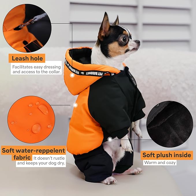 Waterproof Full Body Winter Jacket for Dogs, Dogs Snowsuit, Perfect for Cold Weather, Ideal for Small and Medium Breeds (Orange, M:Chest 15'', Length: 11'')