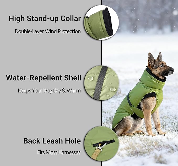 Ultra-Warm Dog Winter Coat for Hiking & Running, Adjustable Puffer Jacket with Anti-Slip Leg Straps, Water-Repellent Shell & Breathable Mesh Lining for Active Dogs (Green, X-Large)