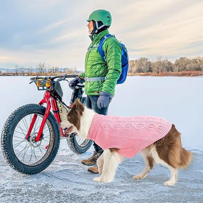 SCENEREAL Knitted Dog Sweater for Large Medium Small Dogs Girl Boy, Soft Warm Turtleneck Pet Clothes for L, XL, XXL, XXXL Doggie, Fall Winter Pullover with Leash Hole, Pet Knitwear Apparel, Pink