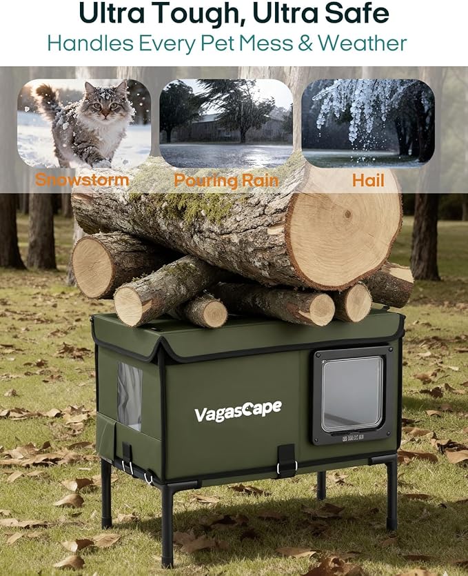 Vagascape Heated Cat House for Outdoor in Winter, Insulated Weatherproof Cat Shelter with Heating Pad and Safe Escape Door, Waterproof Warm Home for Outside Barn Feral Stray Cat（Green）
