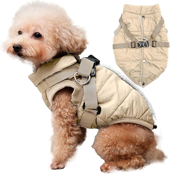 Dog Jacket with Harness,Fleece Lined Warm Puppy Coat for Winter,Soft Windproof Small Dog Vest,Khaki XS