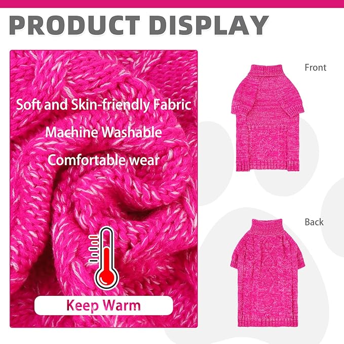 KOOLTAIL Dog Sweater for Large Medium Small Dogs, Fall Dog Sweaters, Turtleneck Cable Knitwear Pet Cold Weather Coats with Leash Hole, Warm Winter Pullover Clothes for Bulldog, Yorkie,Boy Girl, Rose L