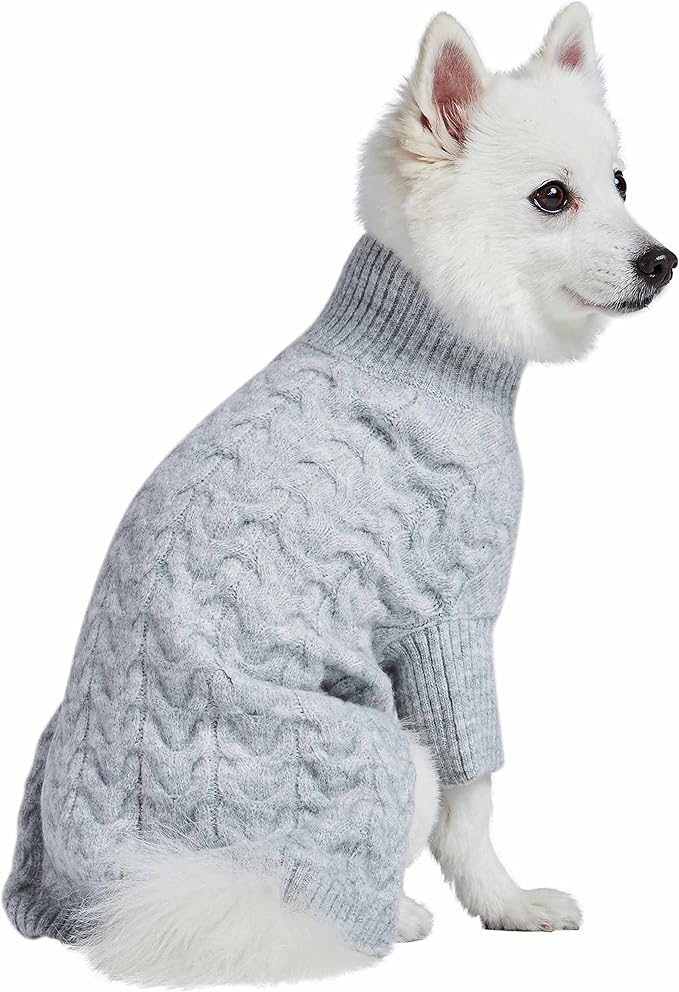 Blueberry Pet Classic Fuzzy Textured Knit Pullover Turtle-Neck Dog Sweater in Heather Grey, Back Length 10", Pack of 1 Clothes for Dogs