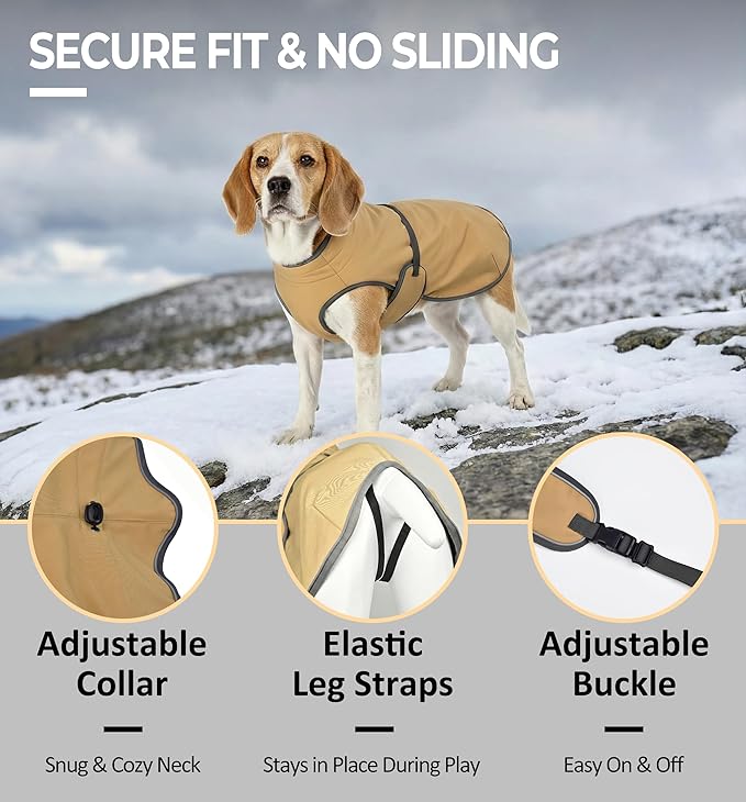 Water-Repellent Dog Winter Vest, Fleece Lined Warm Jacket for Hiking & Running, Adjustable Athletic Fit with Anti-Slip Leg Straps for Active Dogs (Brown, Medium)