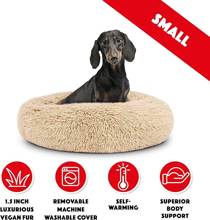 The Dog’s Bed Sound Sleep Donut Dog Bed, Small Beige Fur Calming Nest Bed, Veterinary Approved