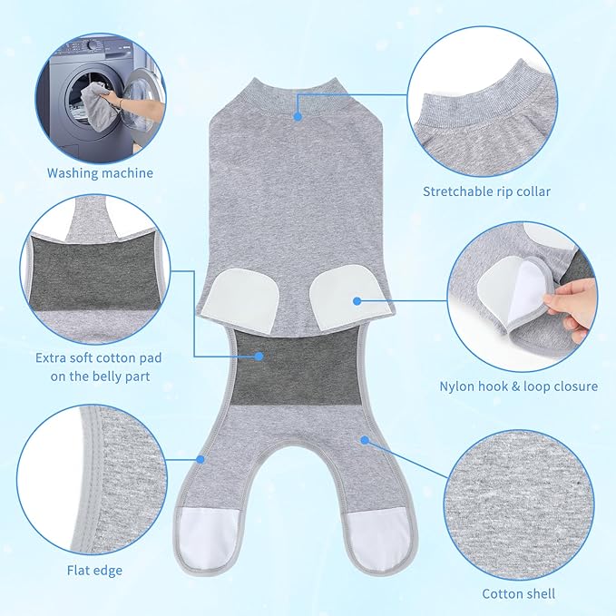 2 Packs Breathable Cotton Dog Recovery Suit for After Neuter Spay Abdominal Wounds Protector, Professional Anti-Licking Onesies for Male Female Pets Surgery Bandages, L Grey Blue Pure