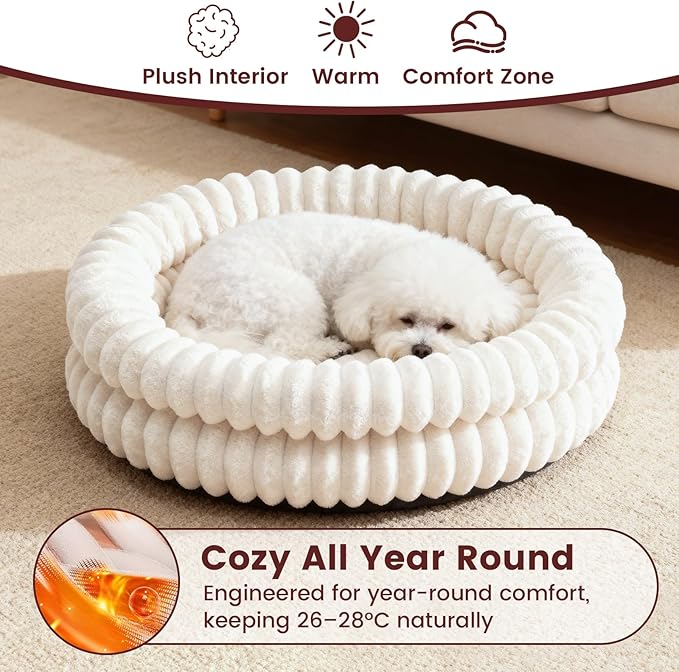 Petinstinct Cat Beds for Indoor Cats, Machine Washable Orthopedic Donut Dog Bed for Small Dogs, Fluffy Round Pet Bed with Anti-Slip Bottom for Puppy and Kitten, White, 20"x20"x6.5"