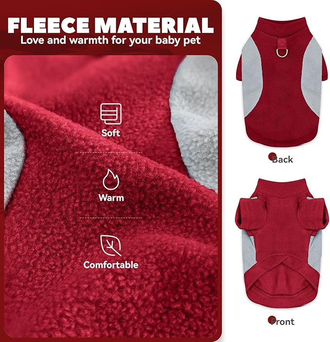 Small Fleece Dog Sweater with Leash Ring Soft Warm Fall Winter Dog Clothes Cute Cat Apparel Puppy Sweaters Classic Pullover Doggy Sweatshirts Chihuahua Costumes Cat Outfits(Red,S)