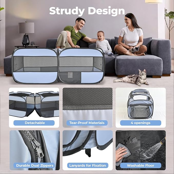2-in-1 Pop Up Cat Playpen, Detachable into 2 Separate Pens with Additional Doors, Assembly-Free Portable Dog Crates Pet Pen Tent Kennel Kitten Puppy Enclosure Cage Indoor Outdoor Foldable Condo(M)