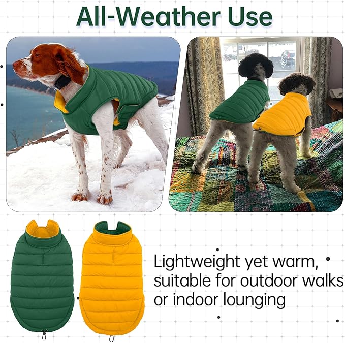 Lelepet Reversible Dog Coat Waterproof Dog Jacket Windproof Puffer Vest for Winter Warm Lightweight Coats for Small Dogs Adjustbale Hook & Loop Pet Apparel with Leash Hole, Chihuahua, Green, XS