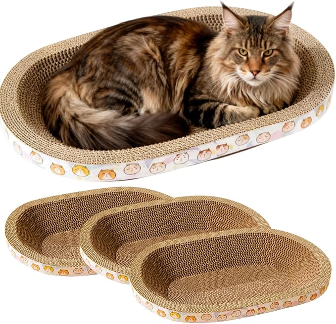 Spindro 3 Pack Large Cat Scratcher Cardboard, Oval Cat Scratcher Bed Cat Scratch Pad Board Lounge Couch for Indoor Cats Bowl Shaped Cat Scratching Post Nest for Cats Grinding Claw Furniture Protector