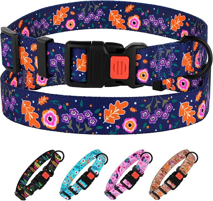 Nylon Dog Collar Floral Pattern Navy Blue 18-16 inch