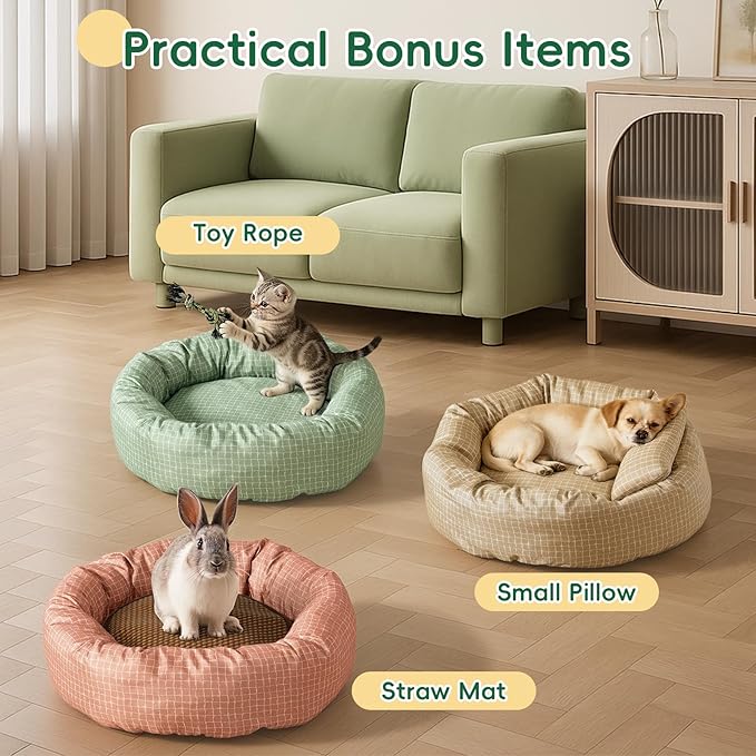 Colewin Small Cat Bed for Indoor Cats Dogs, Washable Round Donut Pet Bed for Puppies Kittens, Cute Rabbit Bunny Beds with Reversible Winter & Summer Cushion for Pets Up to 8lbs (Green)