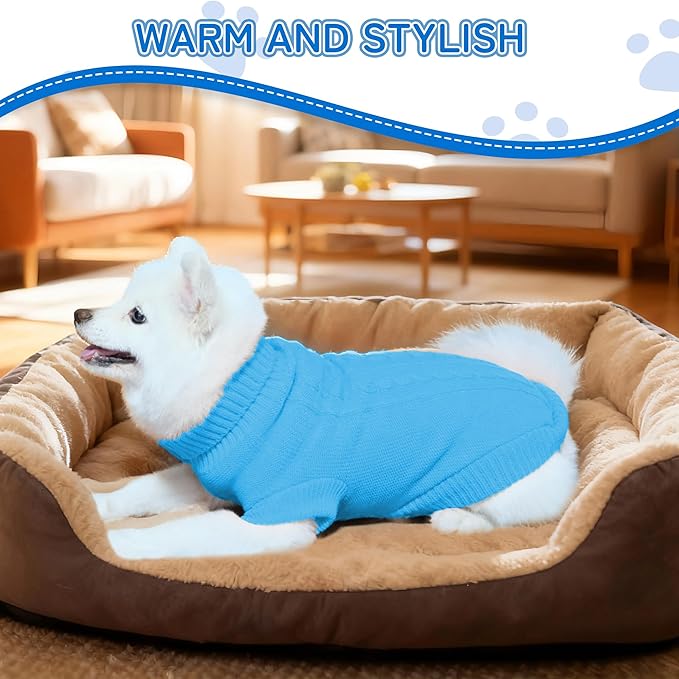 Knitted Dog Sweater for Small Dogs, Pullover Turtleneck Pet Sweaters, Winter Dog Clothes, Warm Soft Winter Holiday Cat Sweater, Blue, S