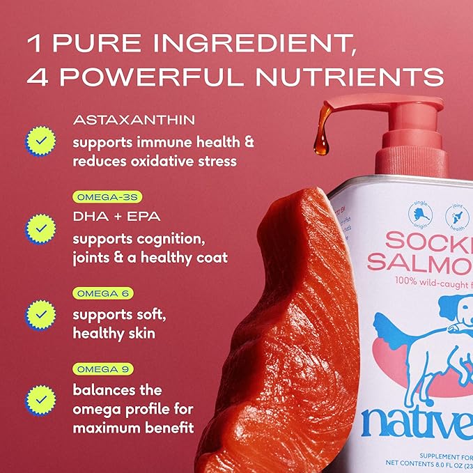 Native Pet Salmon Oil for Dogs & Cats – Pure Omega-3 Fish Oil for Dogs Supplement for Skin & Coat, Joint & Heart Health - Dog Anti-Inflammatory – 100% Wild-Caught Alaskan Sockeye Salmon – 8 oz