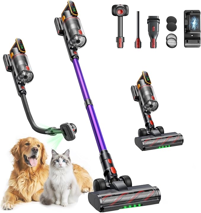 Cordless Vacuum Cleaner 55KPa 650W 70Mins Stick Vacuum Cleaners for Home | with Pet Brush, 3.3Ft Hose, Wall Mount Charging, Auto Mode, Touchscreen, Self-Standing Vacuum for Pet Hair/Carpet/Car
