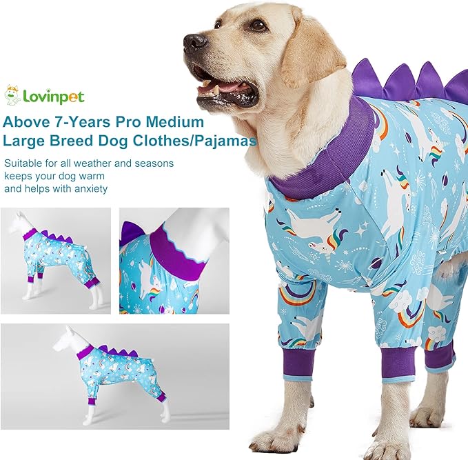 LovinPet Pet Clothes Large Dog, Anti Licking Dog Recovery Clothes, Lightweight Onesie, Starlight Rainbow/Wild Horse Prints American Bully Pajamas, UV Protection, Adorable pet PJ's/Large