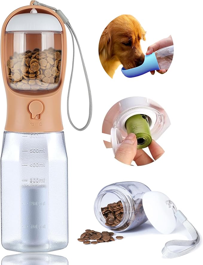 Dog Water Bottle with Food Container, Portable Pet Dog Water Dispenser for Outdoor Walking,Hiking,Travel,Puppy Essentials,Puppy Supplies,Replaceable Waste Bags