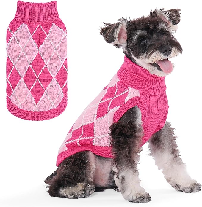 KOOLTAIL Small Dog Sweater, Knit Turtleneck Cold Weather Dog Sweaters for Medium Large Dogs, Soft Diamond Plaid Pullover Knitwear Pet Winter Warm Clothes,Pet Coat Puppy Sweater for Girls Boys,Pink M
