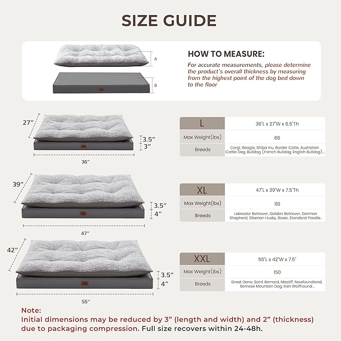 Warmrest 2-Pack XL Waterproof Dog Bed Large Size Dogs, Plush Cushion & Orthopedic Egg-Crate Foam Mattress for Senior Dogs, Washable Dog Crate Bed with Removable Cover, Dark Grey
