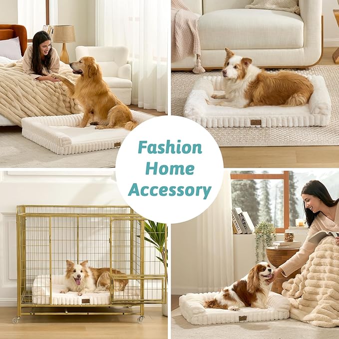 COZY KISS Cute Dog Bed for Extra Large Dogs, Faux Rabbit Fur Orthopedic Foam Dog Bed with Sides, Removable Washable Cover & Waterproof Lining, Comfortable Pet Couch, Cream (48" L x 35" W x 7.5" Th)