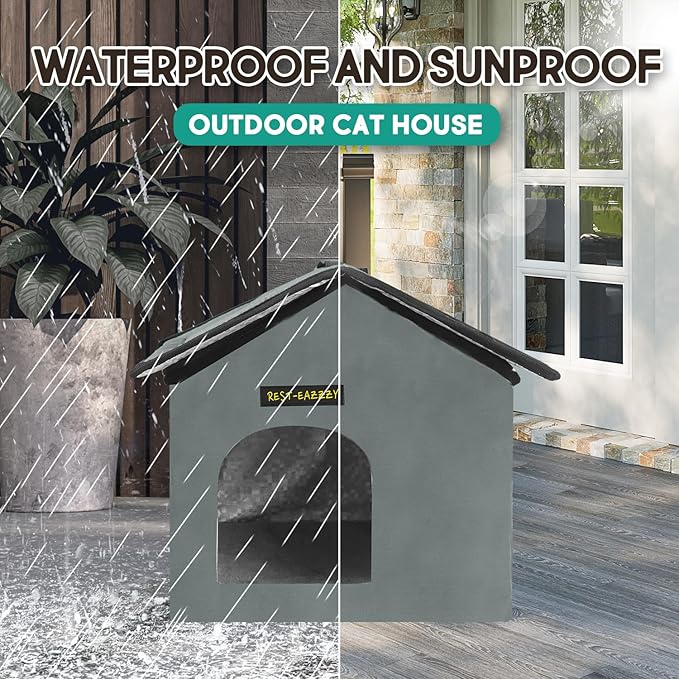 Rest-Eazzzy Cat House for Outdoor Cats, Weatherproof and Insulated Feral Cat House with Mat and Clip, Easy to Put Together, Selfwarming Cat Shelter for Winter, Never Blow Away (Grey, House X 2)