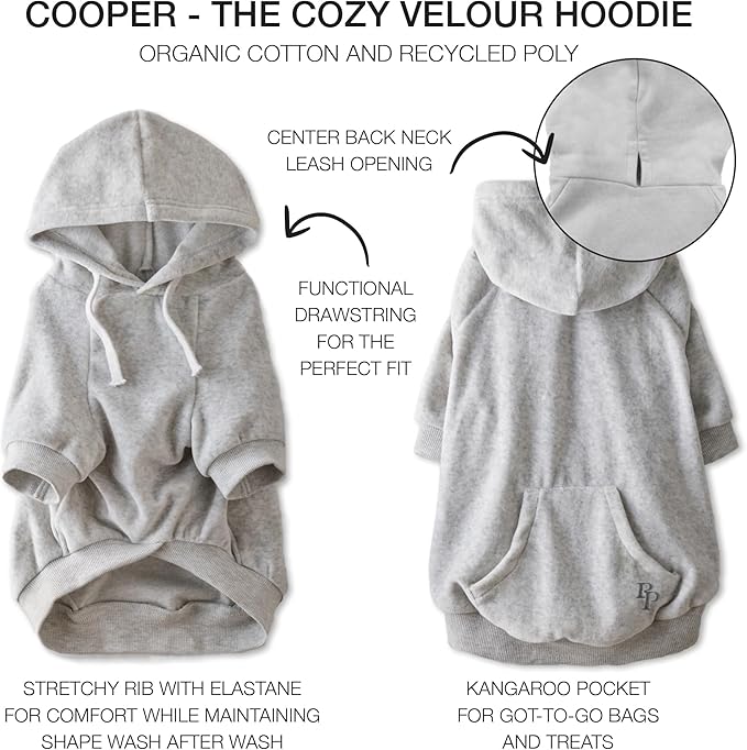 Cooper II Organic Cotton Velour Dog Hoodie Pet Coat for Small, Medium and Large Dogs, Light Heather Gray, X-Large (55-80 lbs)
