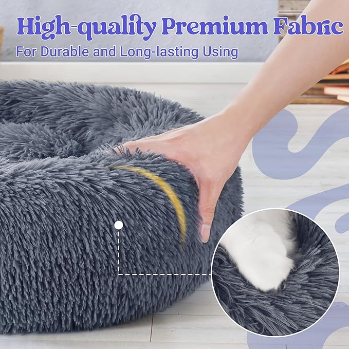 rabbitgoo Cat Beds for Indoor Cats, 20 inches Cat Bed Machine Washable, Fluffy Round Pet Bed Non-Slip, Calming Soft Plush Donut Cuddler Cushion Self Warming for Small Dogs Kittens, Dark Grey, Medium