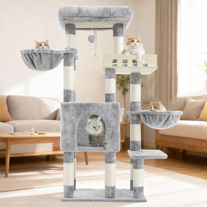 Gitelsnour Cat Tree for Indoor Cats Large Adult, Heavy Duty Cat Tree for Large Cats 20 lbs+, Cat Condo with Big Wooden Perch, Cat Tower with 14 Scratching Posts, Hammock, Light Gray GCT023W