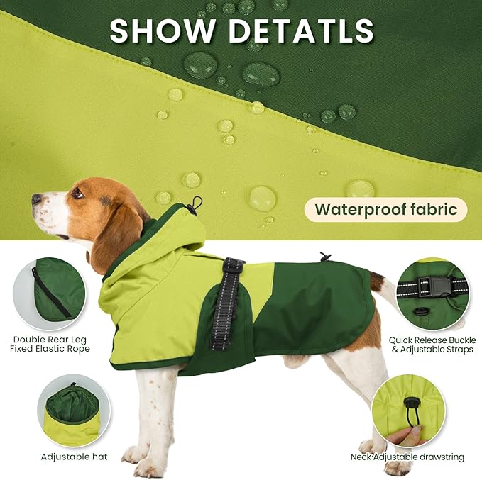 BRKURLEG Dog Raincoat for Small Medium and Large Dogs Waterproof Dog Rain Jacket Adjustable Hooded Dogs Raincoat Pet Rain Coat Poncho with Leash Hole, Reflective Strip, Green, M