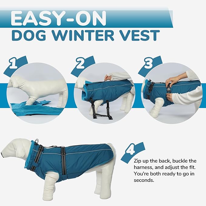 PUMYPOREITY Snow Jacket for Large Dogs Waterproof, Warm Dog Winter Coat with Harness Built in, Fleece Jacket with Back Zipper, Cold Weather Coats for Outdoor, Windproof Pet Snowsuit, Blue, 3XL