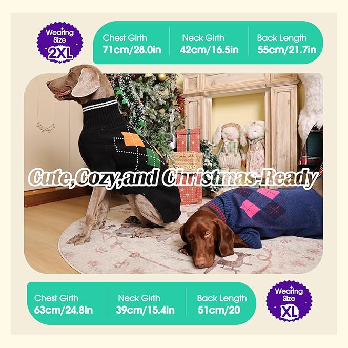 Dog Sweater for Medium Large Dogs, Cold Weather Cable Knit Pullover, Thick Warm Turtleneck Winter Clothes for French Bulldog, Labrador, Golden Retriever, German Shepherd, Great Dane- Black L