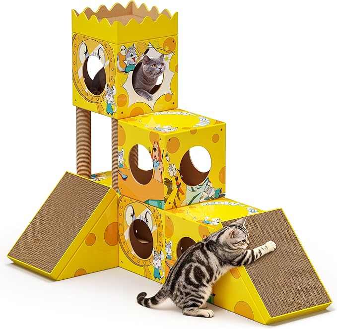 PalNests DIY Cat Tree, Multi-Level Cat Tower with Scratching Posts, Scratching Board, Tunnel & Playhouse for Kittens & Multiple Cats, Recyclable Cardboard, 48.8"×25"×40.2", Yellow Mouse