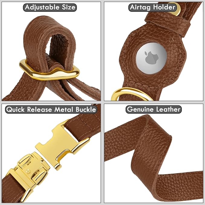 Leather Airtag Dog Collar - Soft Tracking Dog Collar with Apple AirTag Holder and Metal Buckle - Safety GPS Pet Collars for Small Medium Large Dogs Puppy Pink Red (Brown, XL, 20"-25" Neck Fit)