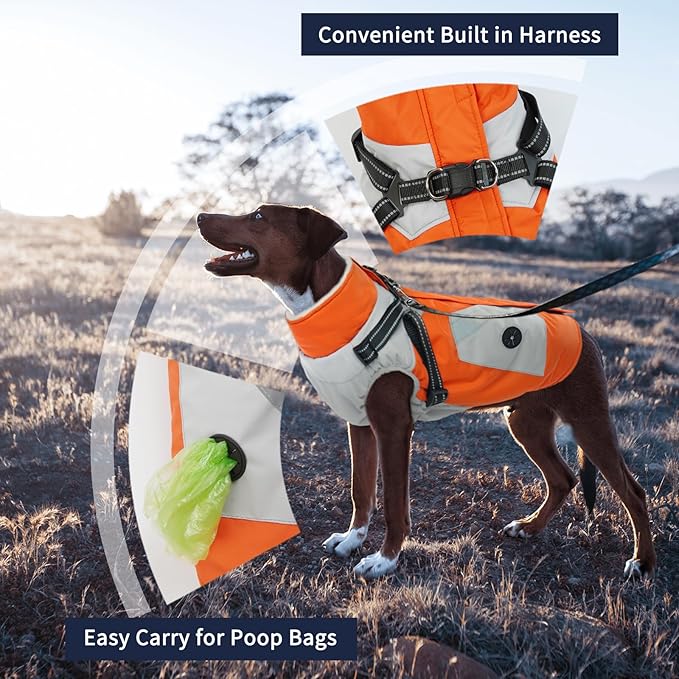 IECOii Dog Coat with Harness Built in - Orange, Large - Waterproof Winter Coat, Fleece Lined Snow Jacket for Dogs