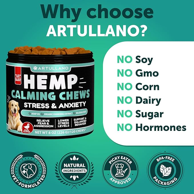 Hemp Calming Chews for Dogs - Dog Calming Chews - Dog Anxiety Relief Treats with Hemp Oil, Turmeric, Valerian, Ginger - Health and Wellness Supplements for Dogs - Hip and Joint Support - 120 Treats