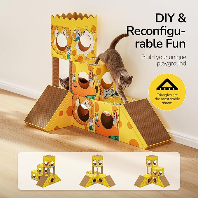 PalNests DIY Cat Tree, Multi-Level Cat Tower with Scratching Posts, Scratching Board, Tunnel & Playhouse for Kittens & Multiple Cats, Recyclable Cardboard, 48.8"×25"×40.2", Yellow Mouse