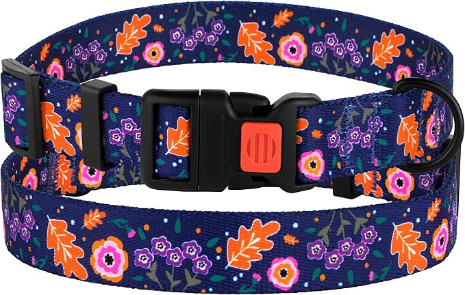 Nylon Dog Collar Floral Pattern Navy Blue 10-13 inch