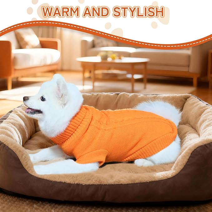 Knitted Dog Sweater for Small/Medium Dogs, Pullover Turtleneck Pet Sweaters, Winter Dog Clothes, Warm Soft Winter Holiday Cat Sweater, Orange, XL
