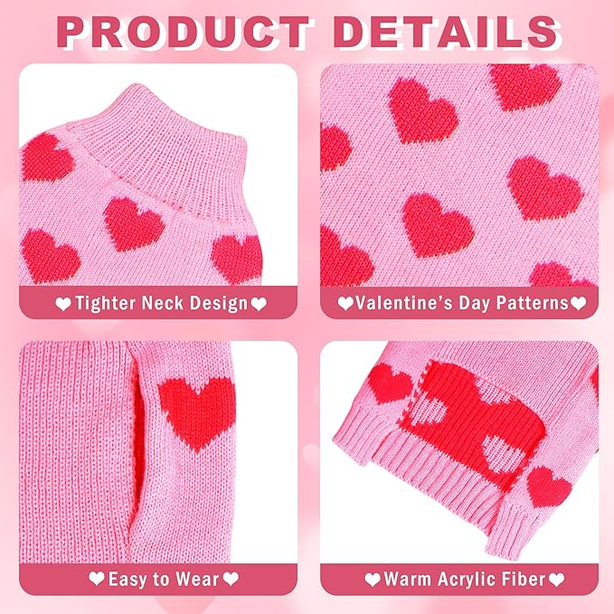 Valentine Dog Sweater Dog Valentines Clothes Outfit Knitted Heart Sweater for Small Medium Large Dogs Pets (Pink, X-Large)