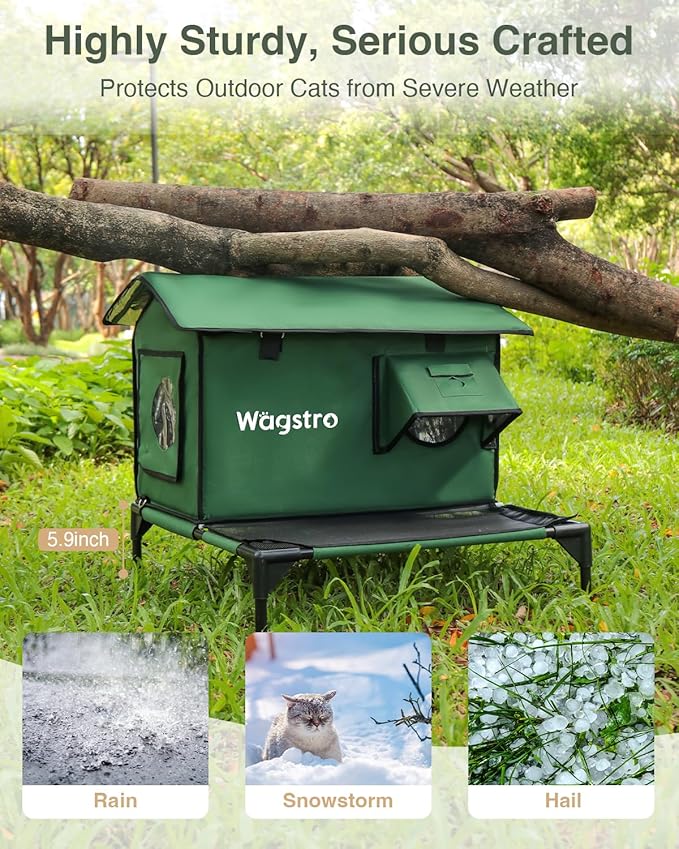 Wagstro Large Heated Cat House for Outside with Dampless Deck, Highly Elevated, Exit-Only Door, Waterproof Insulated Outdoor Cat Shelter for Feral Stray Barn Cat