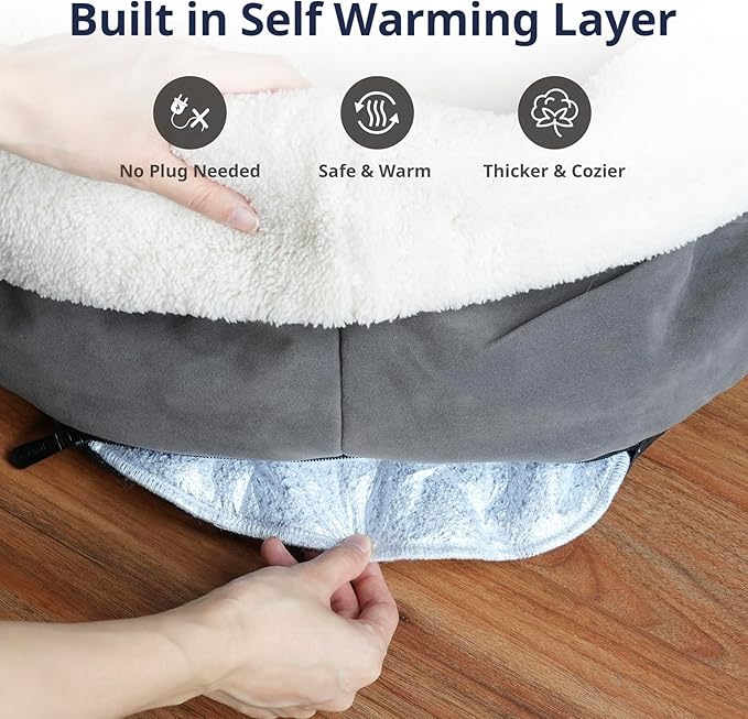 Petace Self Warming Cat Bed, 17.7" x 13.7" Anti-Slip Soft Round Thermal Pet Cushion Bed for Kittens, Cats, Puppies and Small Dogs, Gray