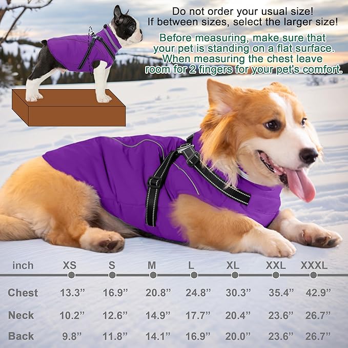 Fragralley Dog Coat with Harness Built in, Waterproof Windproof Reflective Warm Puffer Jacket, Fleece Lined Vest Winter Parka for Small, Medium, Large Dogs