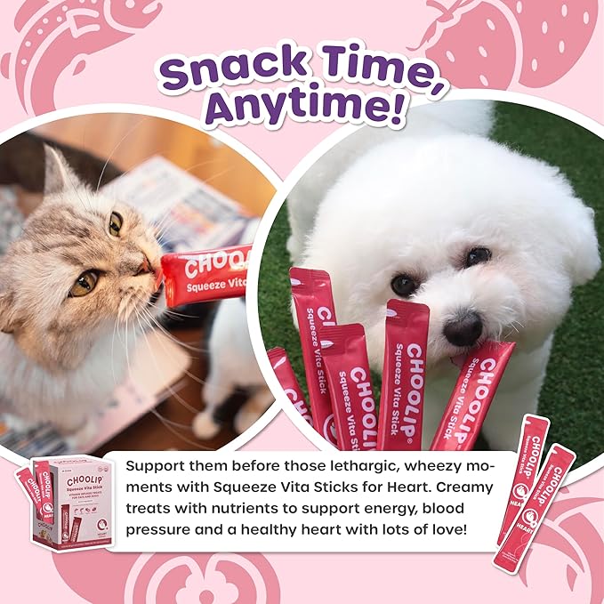 Choolip Squeeze Vita Stick Lickable Cat and Dog Treats, 49-Count Heart Support Variety Pack, Salmon and Tuna with CoQ10, L-Carnitine and Taurine