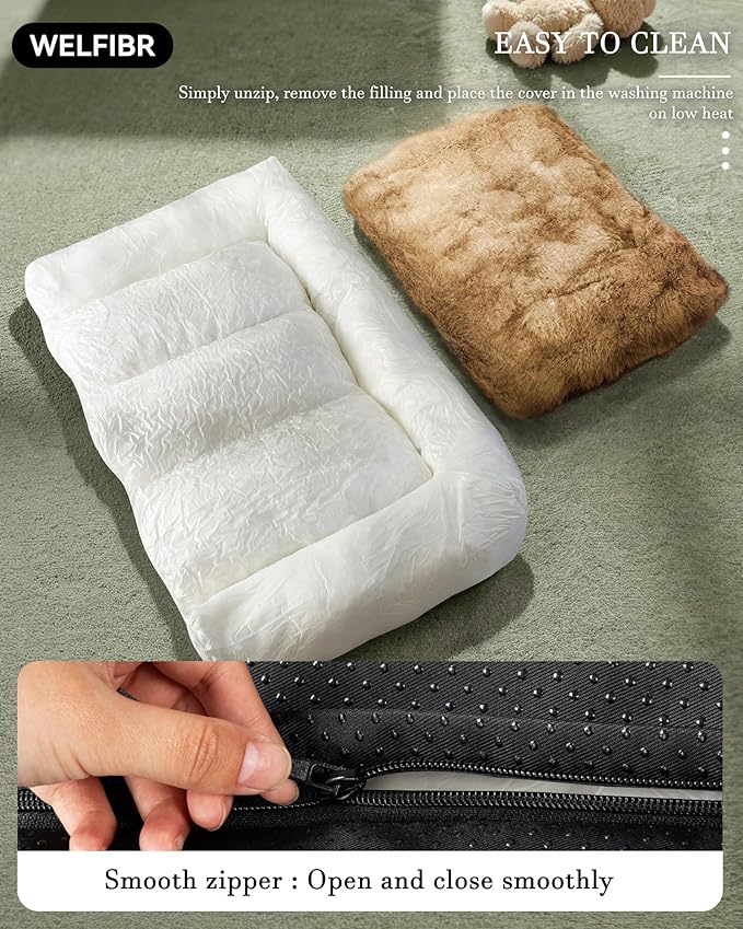 Welfibr Fluffy Faux Fur XL Dog Bed Large Sized Dog Washable Rasied Dog Bed Orthopedic Dog Beds with Sides Noiseless Supportive Dog Couch Anti-Slip Comfort Pet Beds with Removable Cover Brown 48"