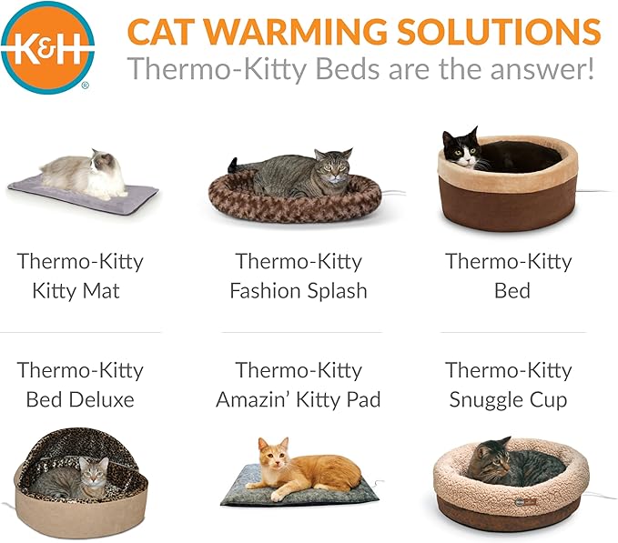 K&H Pet Products Heated Cat Bed Pad for Indoor Cats, Thermo-Kitty Mat Calming Warm Pet Heating Pad for Inside Pets, Machine Washable, Waterproof Heater, Safety Listed - 12.5 X 25in Gray